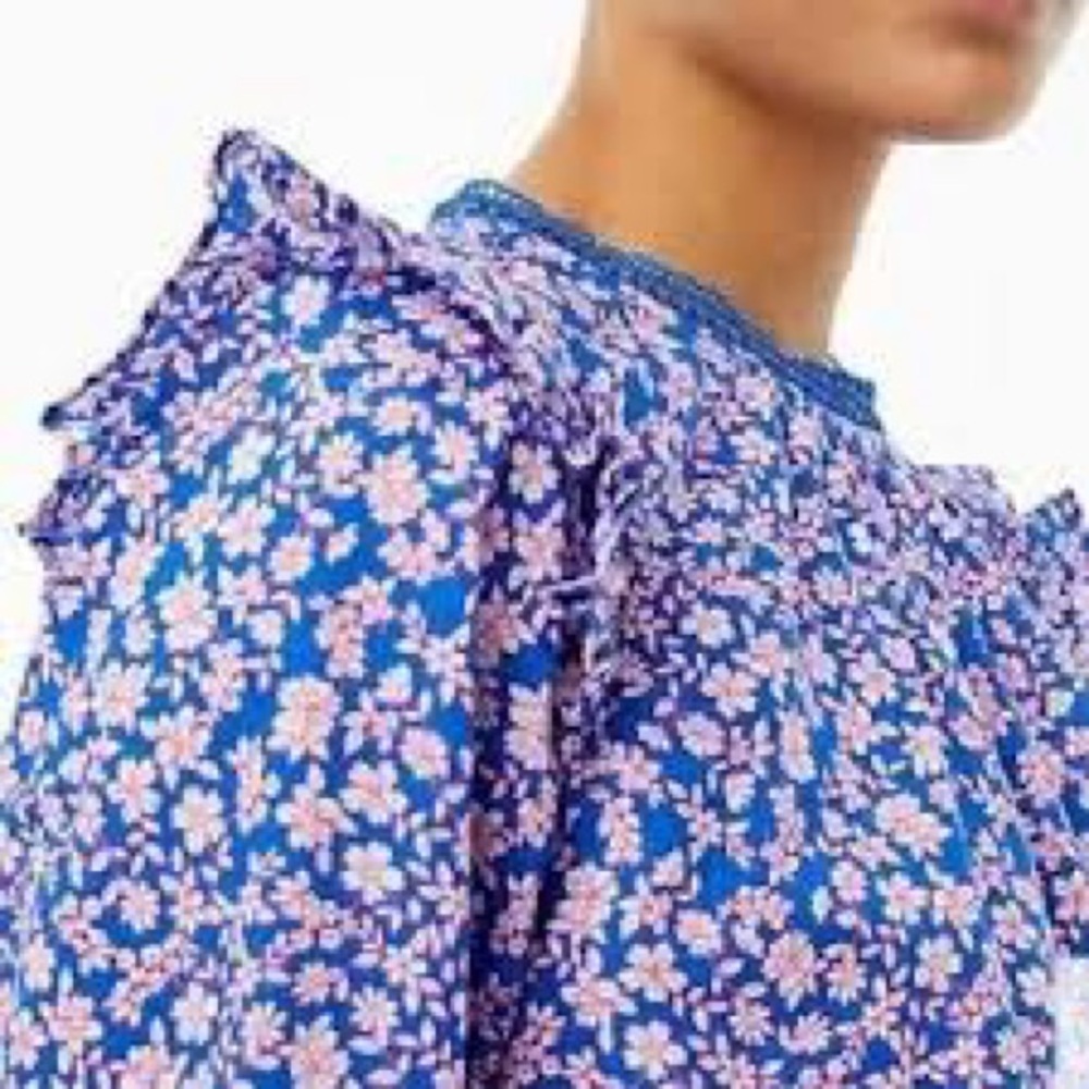 J. Crew Size S Liberty Long-Sleeve Ruffle-Shoulder Top Lace Neckline Pintucked - Picture 3 of 17